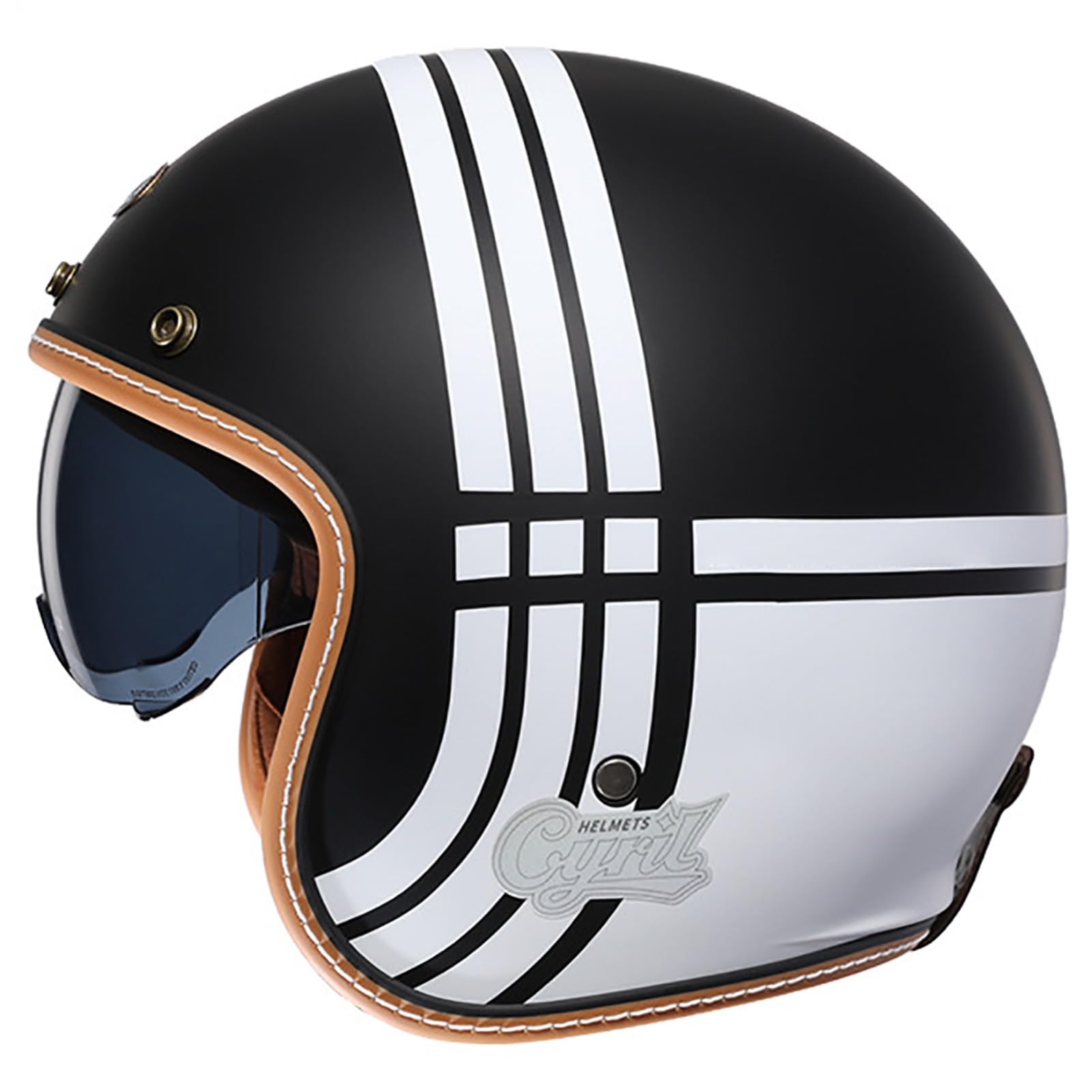 GJCKOPIUFA Offener Retro-Motorradhelm, 3/4-Motorradhelm Mit Visier Und Kinnriemen Mit Schnellverschluss, Unisex-Halbhelm Für Erwachsene, Geeignet Für Mopeds, DOT/ECE-Geprüft D,L/(59~60cm) von GJCKOPIUFA