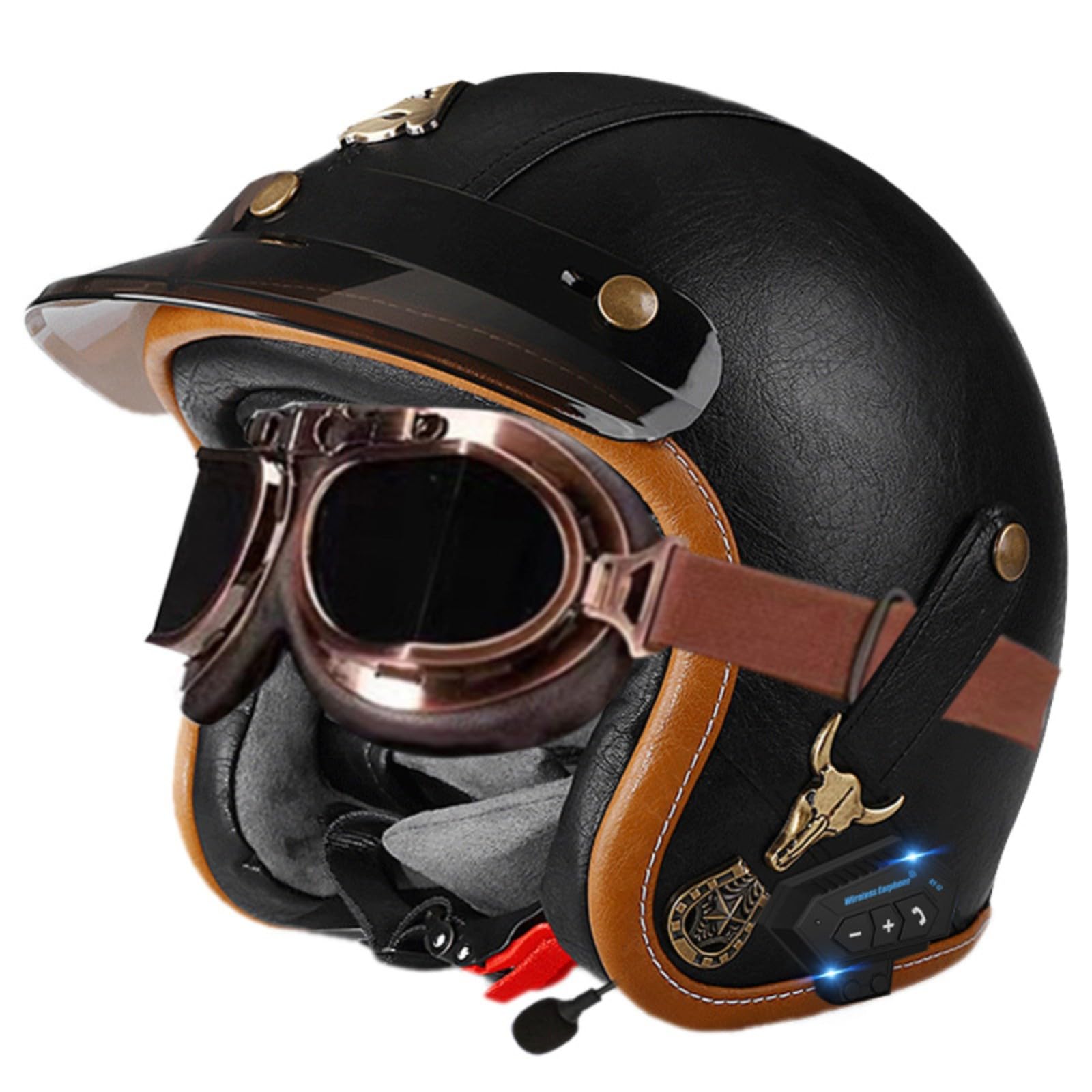 Leder-Motorradhelm Im Vintage-Stil Mit Offenem Gesicht Und Bluetooth, 3/4-Motorradhelm Mit Halbcover Und Schutzbrille, ECE-Geprüfter Helm Für Erwachsene Männer Und Frauen 1,M=57-58CM von GJCKOPIUFA