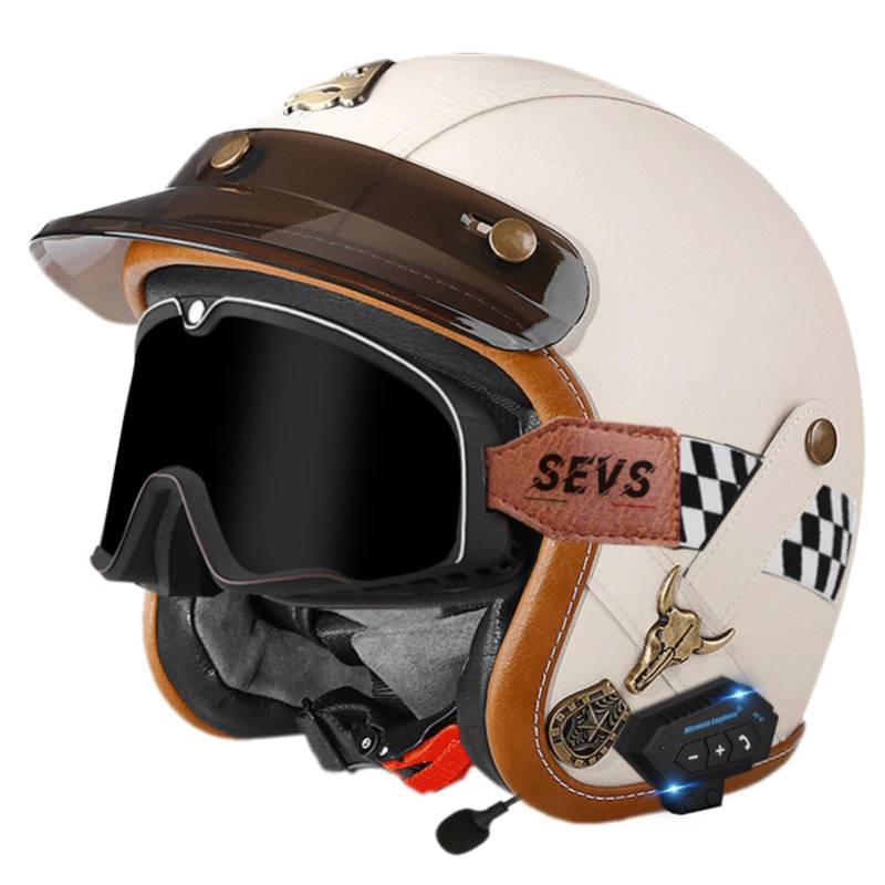 Leder-Motorradhelm Im Vintage-Stil Mit Offenem Gesicht Und Bluetooth, 3/4-Motorradhelm Mit Halbcover Und Schutzbrille, ECE-Geprüfter Helm Für Erwachsene Männer Und Frauen 10,L=59-60CM von GJCKOPIUFA