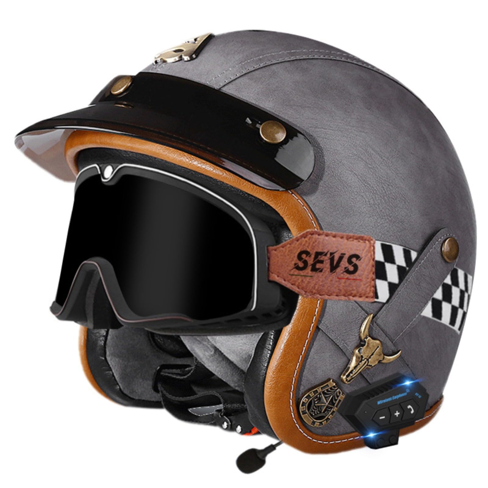 Leder-Motorradhelm Im Vintage-Stil Mit Offenem Gesicht Und Bluetooth, 3/4-Motorradhelm Mit Halbcover Und Schutzbrille, ECE-Geprüfter Helm Für Erwachsene Männer Und Frauen 11,M=57-58CM von GJCKOPIUFA