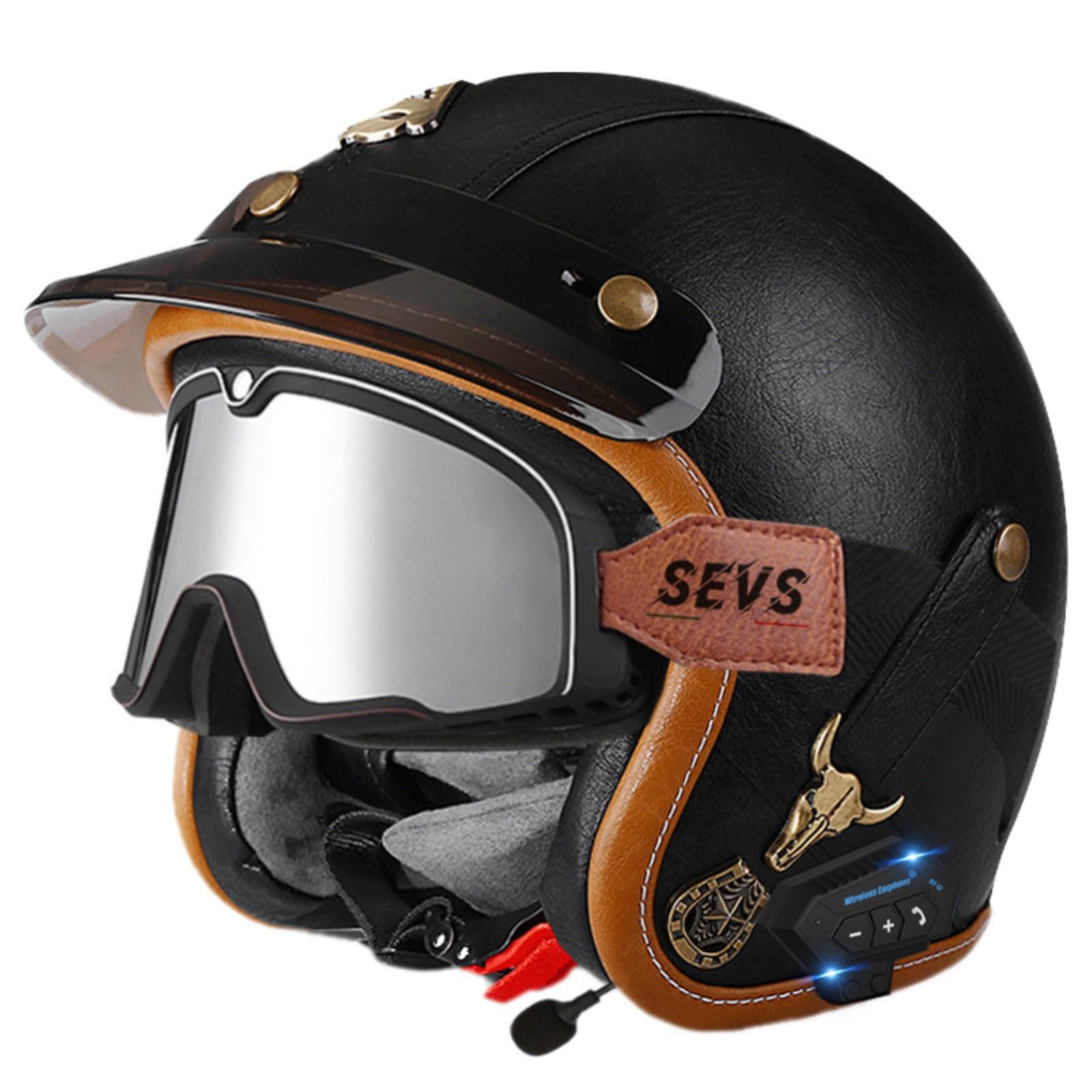 Leder-Motorradhelm Im Vintage-Stil Mit Offenem Gesicht Und Bluetooth, 3/4-Motorradhelm Mit Halbcover Und Schutzbrille, ECE-Geprüfter Helm Für Erwachsene Männer Und Frauen 13,L=59-60CM von GJCKOPIUFA