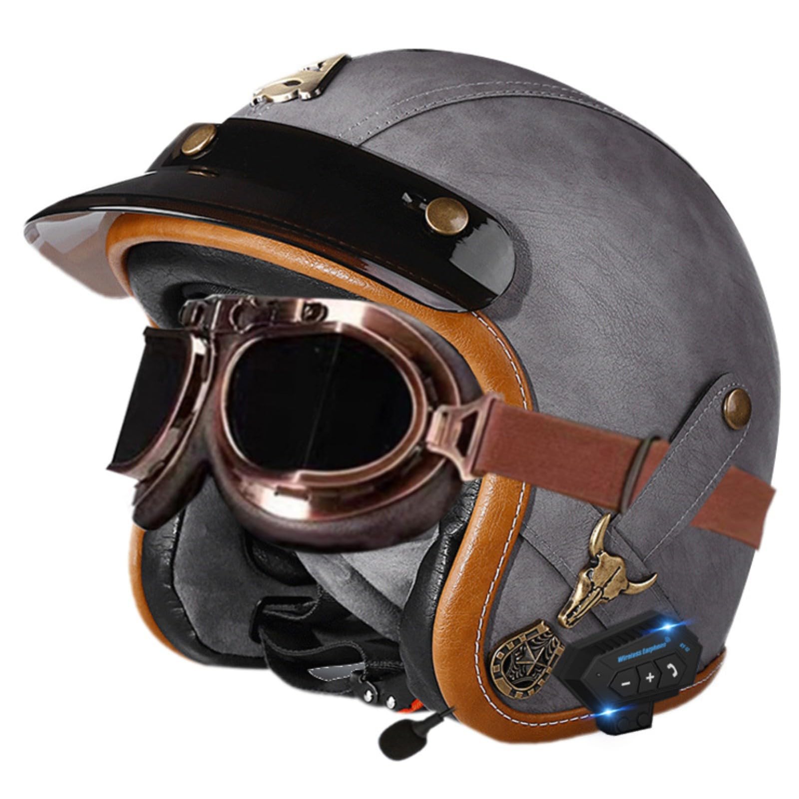 Leder-Motorradhelm Im Vintage-Stil Mit Offenem Gesicht Und Bluetooth, 3/4-Motorradhelm Mit Halbcover Und Schutzbrille, ECE-Geprüfter Helm Für Erwachsene Männer Und Frauen 3,XL=61-62CM von GJCKOPIUFA