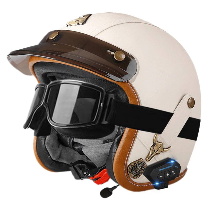 Leder-Motorradhelm Im Vintage-Stil Mit Offenem Gesicht Und Bluetooth, 3/4-Motorradhelm Mit Halbcover Und Schutzbrille, ECE-Geprüfter Helm Für Erwachsene Männer Und Frauen 6,L=59-60CM von GJCKOPIUFA