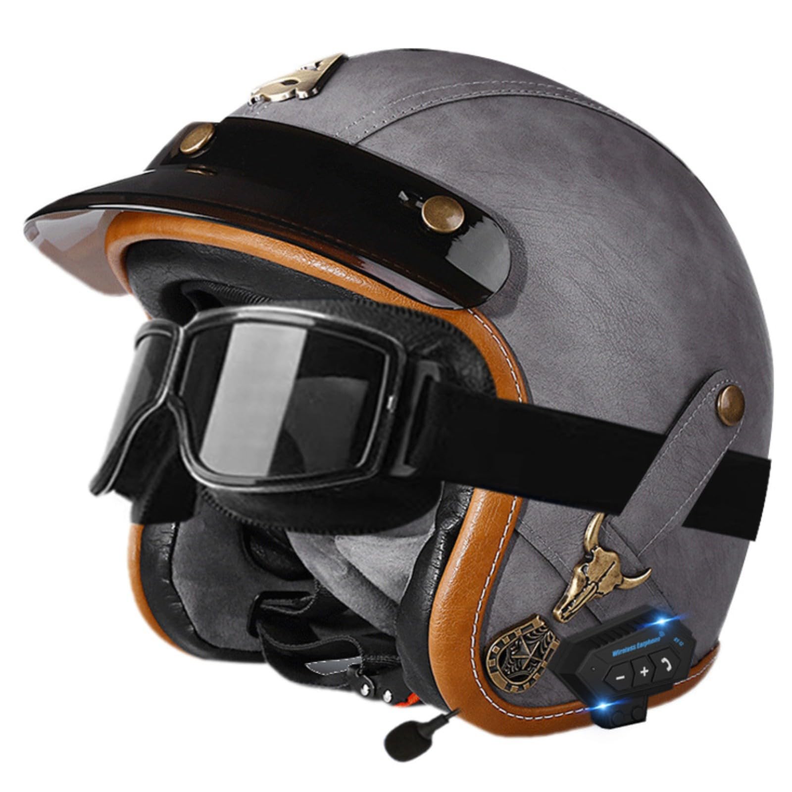 Leder-Motorradhelm Im Vintage-Stil Mit Offenem Gesicht Und Bluetooth, 3/4-Motorradhelm Mit Halbcover Und Schutzbrille, ECE-Geprüfter Helm Für Erwachsene Männer Und Frauen 7,M=57-58CM von GJCKOPIUFA