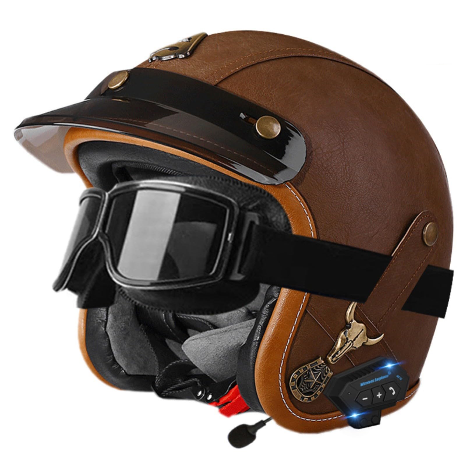 Leder-Motorradhelm Im Vintage-Stil Mit Offenem Gesicht Und Bluetooth, 3/4-Motorradhelm Mit Halbcover Und Schutzbrille, ECE-Geprüfter Helm Für Erwachsene Männer Und Frauen 8,M=57-58CM von GJCKOPIUFA