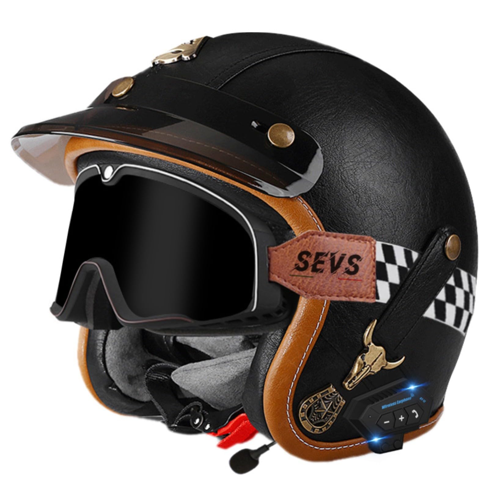 Leder-Motorradhelm Im Vintage-Stil Mit Offenem Gesicht Und Bluetooth, 3/4-Motorradhelm Mit Halbcover Und Schutzbrille, ECE-Geprüfter Helm Für Erwachsene Männer Und Frauen 9,S=55-56CM von GJCKOPIUFA