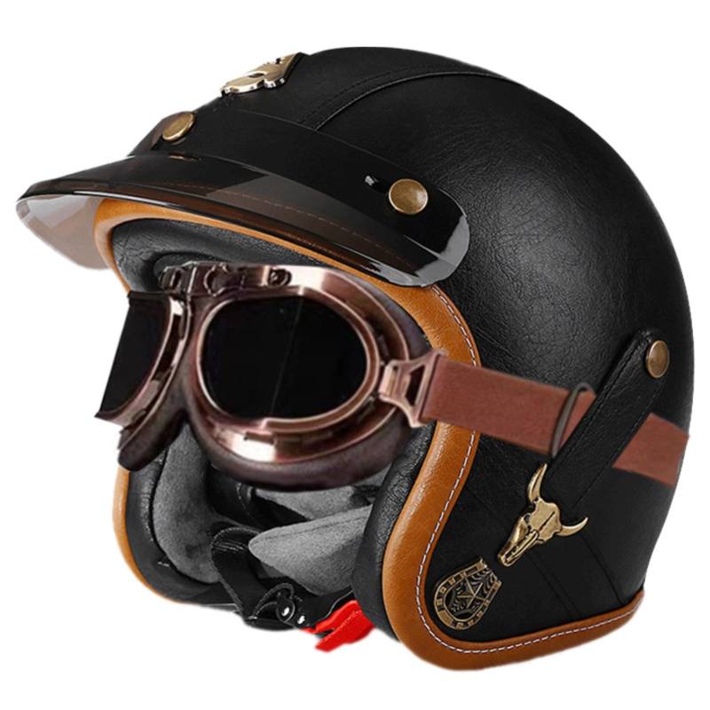 Lederhelm, Motorradhelm Im Vintage-Stil, Offener Motorradhelm, Halbhelm Im Deutschen Stil Mit Visier Für Roller, Moped, Cruiser 1,M=57-58CM von GJCKOPIUFA