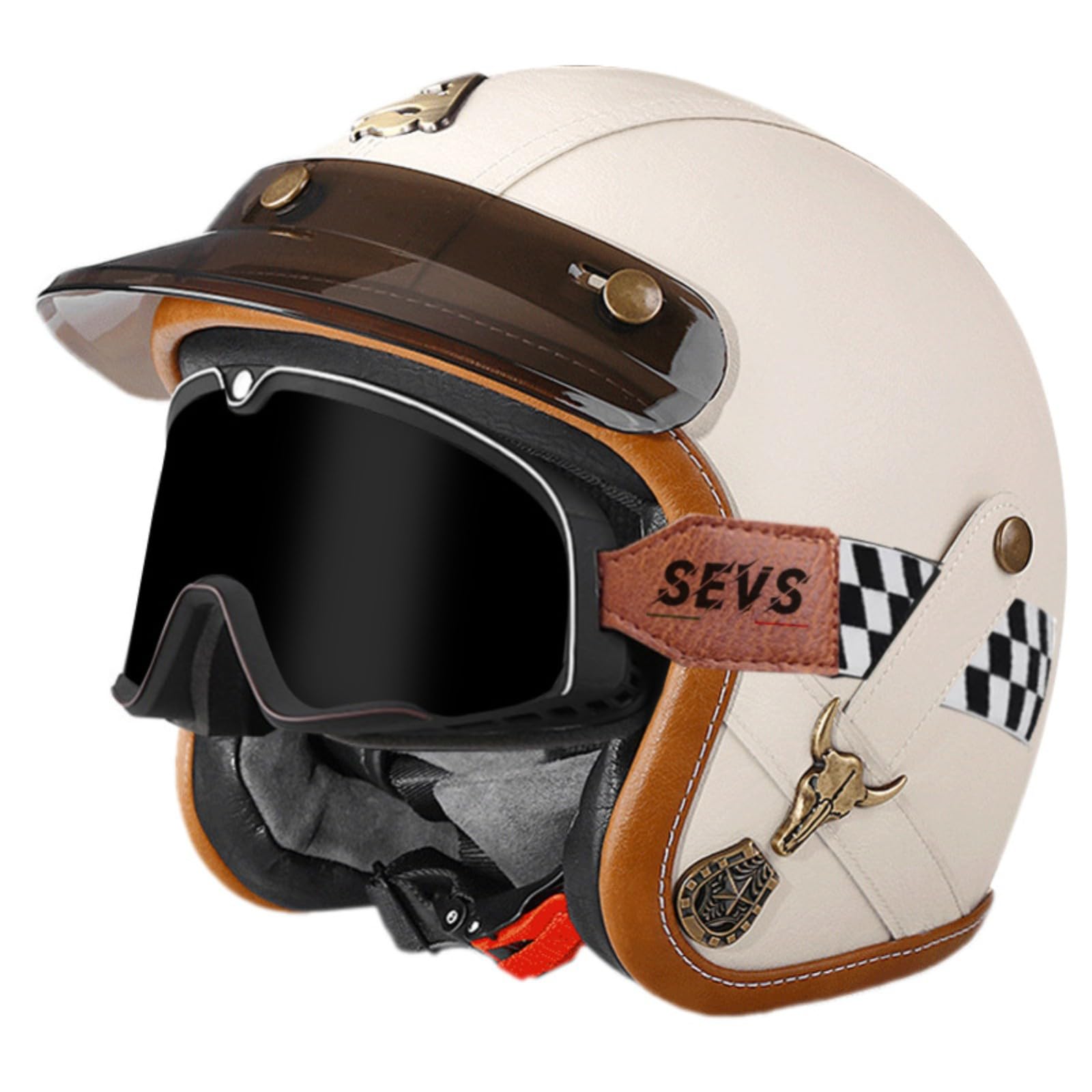 Lederhelm, Motorradhelm Im Vintage-Stil, Offener Motorradhelm, Halbhelm Im Deutschen Stil Mit Visier Für Roller, Moped, Cruiser 10,S=55-56CM von GJCKOPIUFA