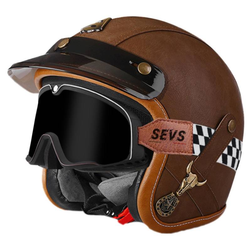 Lederhelm, Motorradhelm Im Vintage-Stil, Offener Motorradhelm, Halbhelm Im Deutschen Stil Mit Visier Für Roller, Moped, Cruiser 12,S=55-56CM von GJCKOPIUFA