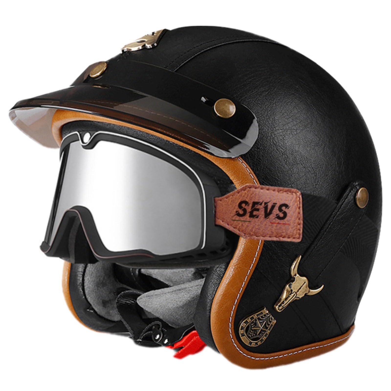 Lederhelm, Motorradhelm Im Vintage-Stil, Offener Motorradhelm, Halbhelm Im Deutschen Stil Mit Visier Für Roller, Moped, Cruiser 13,XXL=63-64CM von GJCKOPIUFA