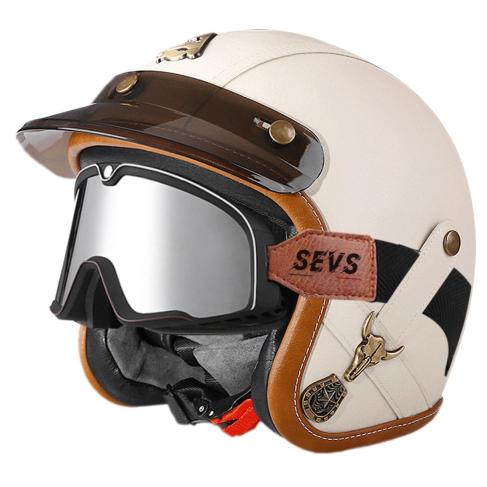 Lederhelm, Motorradhelm Im Vintage-Stil, Offener Motorradhelm, Halbhelm Im Deutschen Stil Mit Visier Für Roller, Moped, Cruiser 14,XXL=63-64CM von GJCKOPIUFA