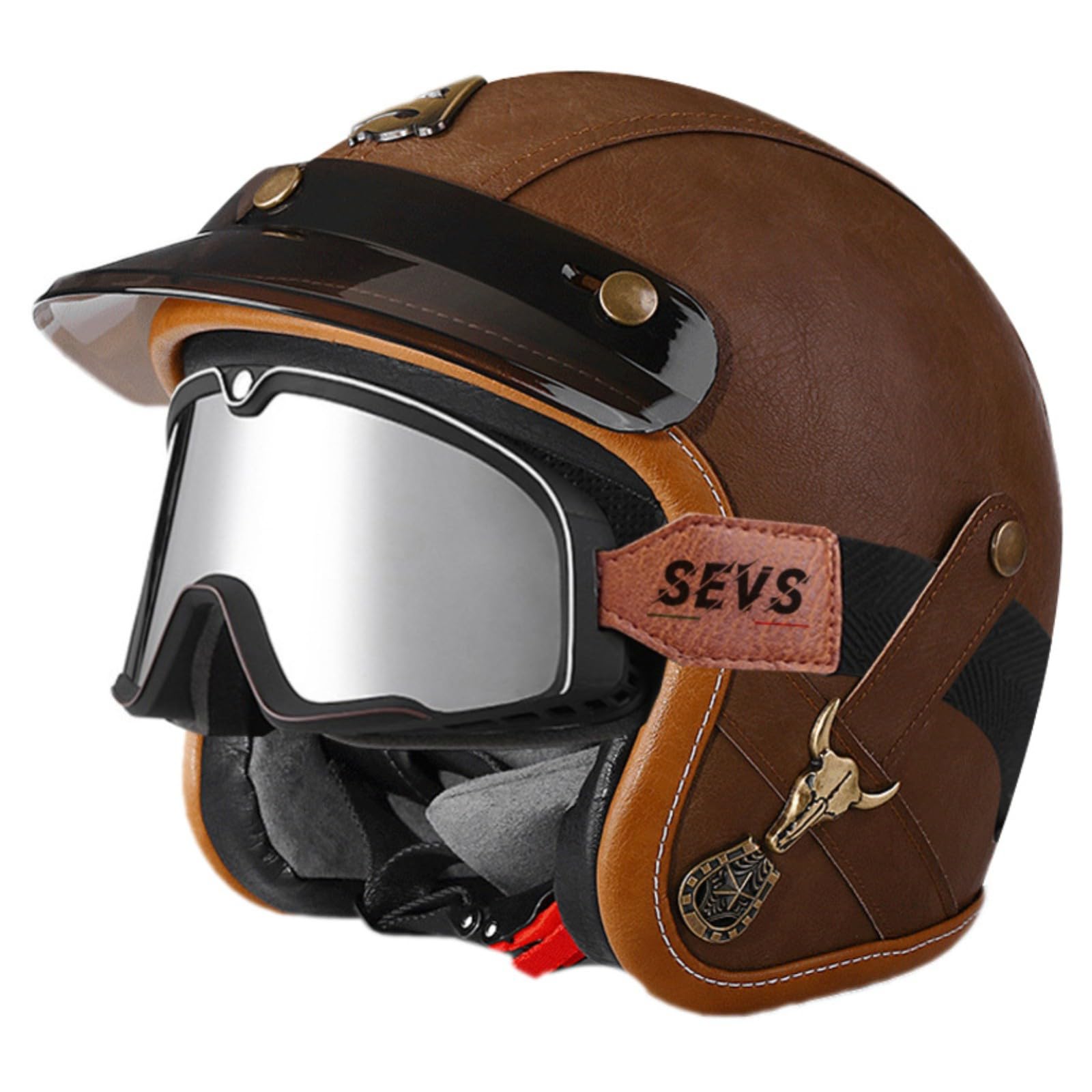 Lederhelm, Motorradhelm Im Vintage-Stil, Offener Motorradhelm, Halbhelm Im Deutschen Stil Mit Visier Für Roller, Moped, Cruiser 16,XXL=63-64CM von GJCKOPIUFA