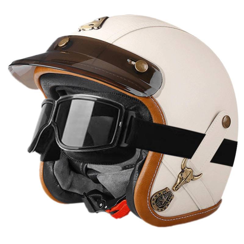 Lederhelm, Motorradhelm Im Vintage-Stil, Offener Motorradhelm, Halbhelm Im Deutschen Stil Mit Visier Für Roller, Moped, Cruiser 6,L=59-60CM von GJCKOPIUFA