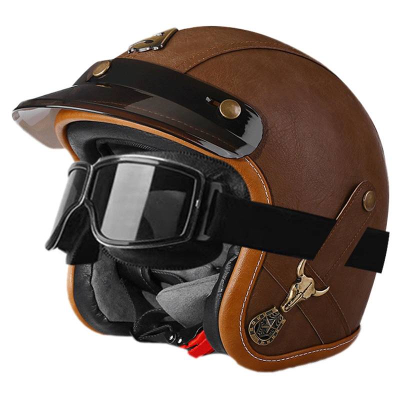 Motorrad-Halbhelm, Retro-Motorradhelm Für Erwachsene, Offener 3/4-Helm, ECE-Zertifizierter Sturzhelm, Roller-Fahrrad-Chopper-Helm Für Männer Und Frauen 8,L=59-60CM von GJCKOPIUFA