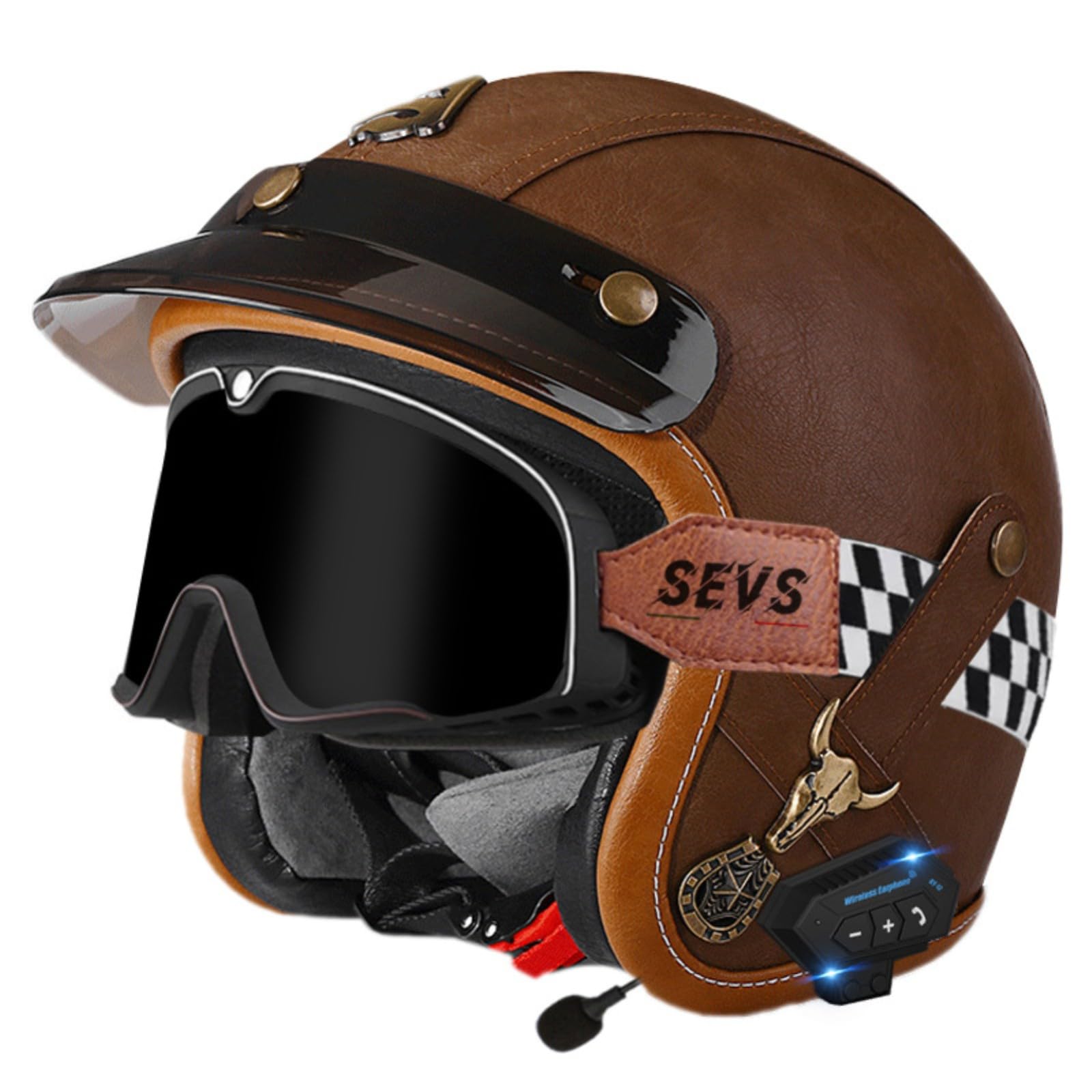 Motorradhelm Im Leder-Vintage-Stil Mit Offenem Gesicht Und Bluetooth, ECE-Zugelassen Für Moped-Scooter, Bobber, Chopper, Cruiser, Racing, Halbhelm Mit Offenem Gesicht 4,L=59-60CM von GJCKOPIUFA