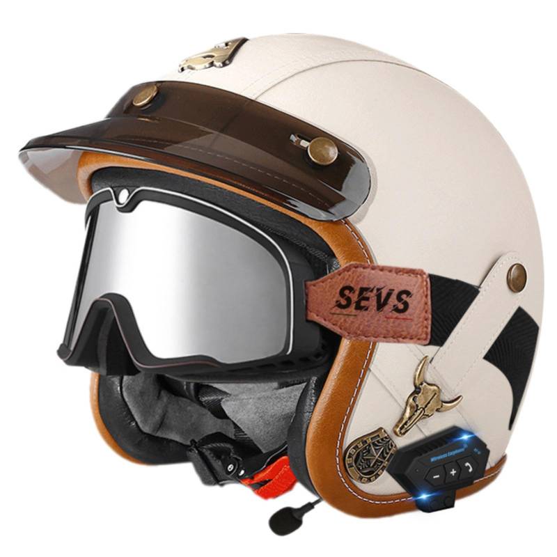 Motorradhelm Im Leder-Vintage-Stil Mit Offenem Gesicht Und Bluetooth, ECE-Zugelassen Für Moped-Scooter, Bobber, Chopper, Cruiser, Racing, Halbhelm Mit Offenem Gesicht 6,L=59-60CM von GJCKOPIUFA