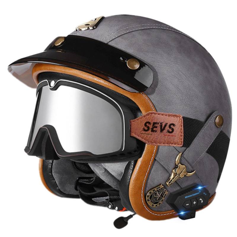 Motorradhelm Im Leder-Vintage-Stil Mit Offenem Gesicht Und Bluetooth, ECE-Zugelassen Für Moped-Scooter, Bobber, Chopper, Cruiser, Racing, Halbhelm Mit Offenem Gesicht 7,L=59-60CM von GJCKOPIUFA