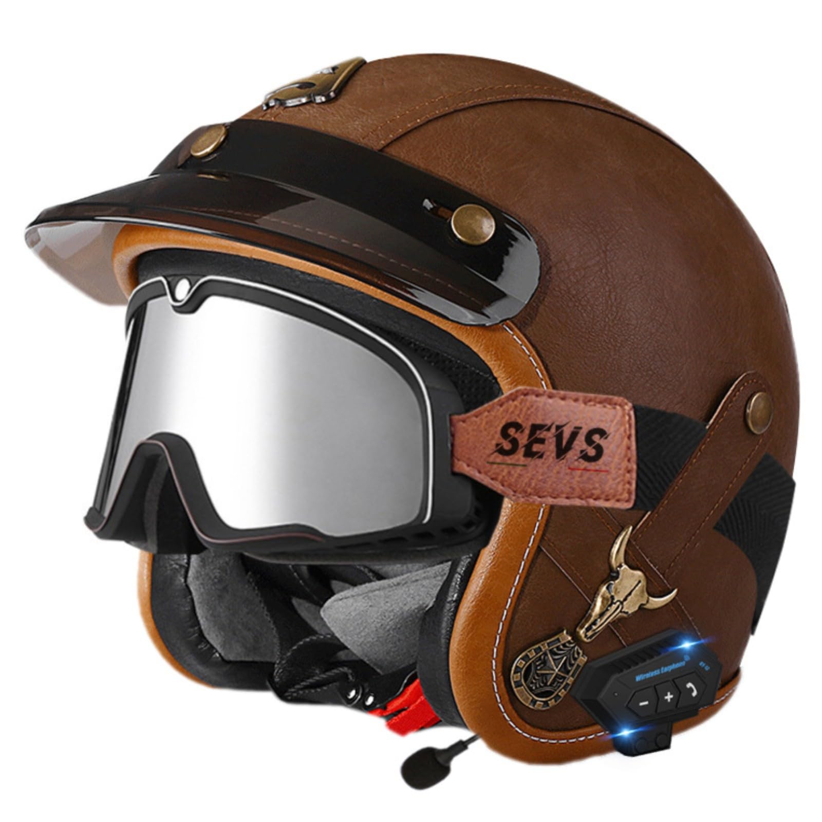 Motorradhelm Im Leder-Vintage-Stil Mit Offenem Gesicht Und Bluetooth, ECE-Zugelassen Für Moped-Scooter, Bobber, Chopper, Cruiser, Racing, Halbhelm Mit Offenem Gesicht 8,L=59-60CM von GJCKOPIUFA