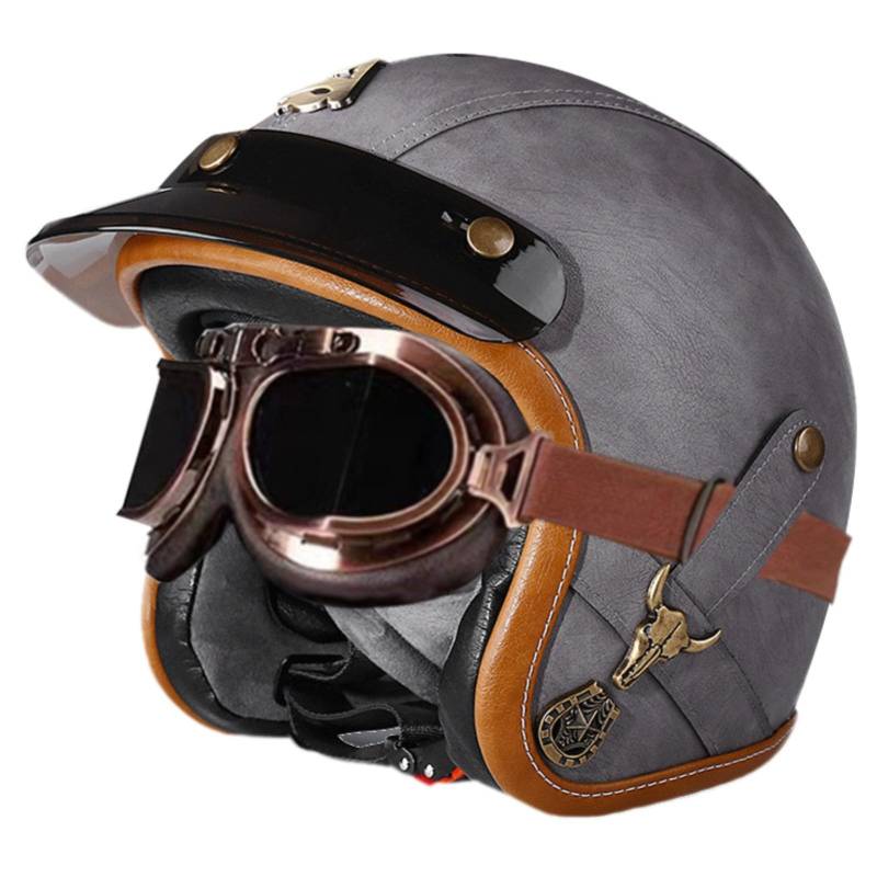 Offener Motorradhelm, 3/4-Motorradhelme Mit Schutzbrille, ECE-Geprüfter Rollerhelm Für Erwachsene, Männer Und Frauen, Für Roller, Moped, Cruiser 3,L=59-60CM von GJCKOPIUFA