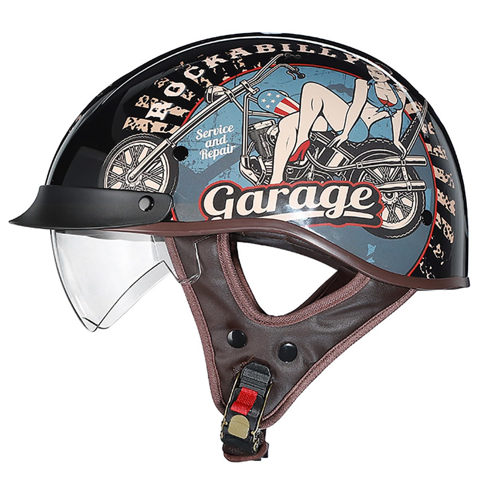 Retro-Motorradhelm, DOT/ECE-Zertifizierter Offener Motorradhelm Mit Visier Und Kinnriemen Mit Schnellverschluss, Cruise-Motorradhelm Für Erwachsene Männer Und Frauen B,L/{59~60cm} von GJCKOPIUFA