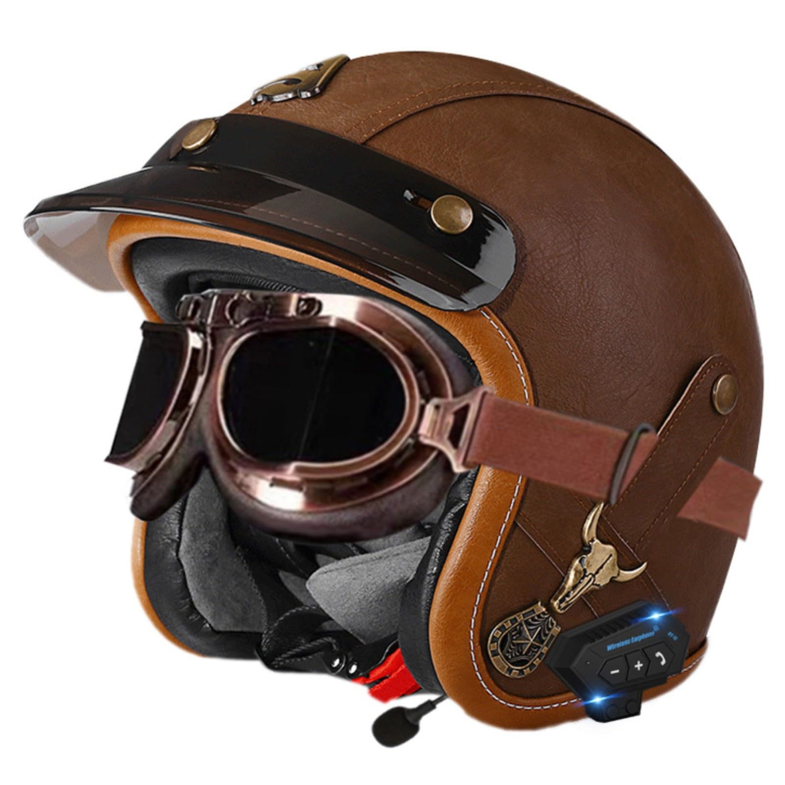 Retro-Motorradhelm Mit Offenem Gesicht Und Bluetooth, Jethelm Aus Leder, DOT/ECE-Zugelassener Sturzhelm Für Erwachsene, Männer Und Frauen, Mit Schutzbrille 4,XL=61-62CM von GJCKOPIUFA