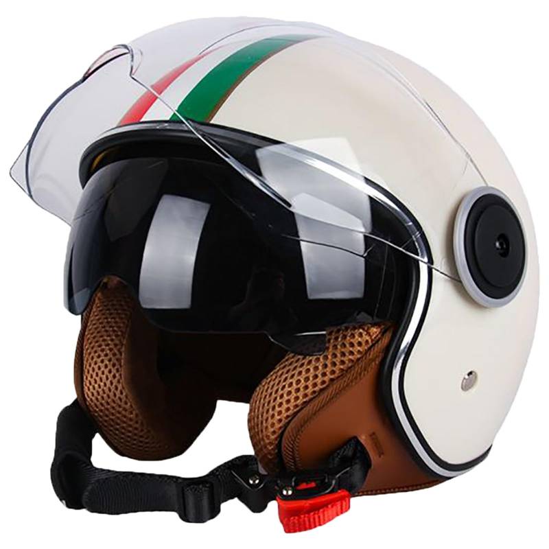 Stilvoller Halbhelm Für Männer Und Frauen, DOT-Geprüfter Vintage-Leder-Motorradhelm Mit Offenem Gesicht Und Doppelvisier, Four Seasons Street Jet Moped Motorradhelme A,55-62cm von GJCKOPIUFA