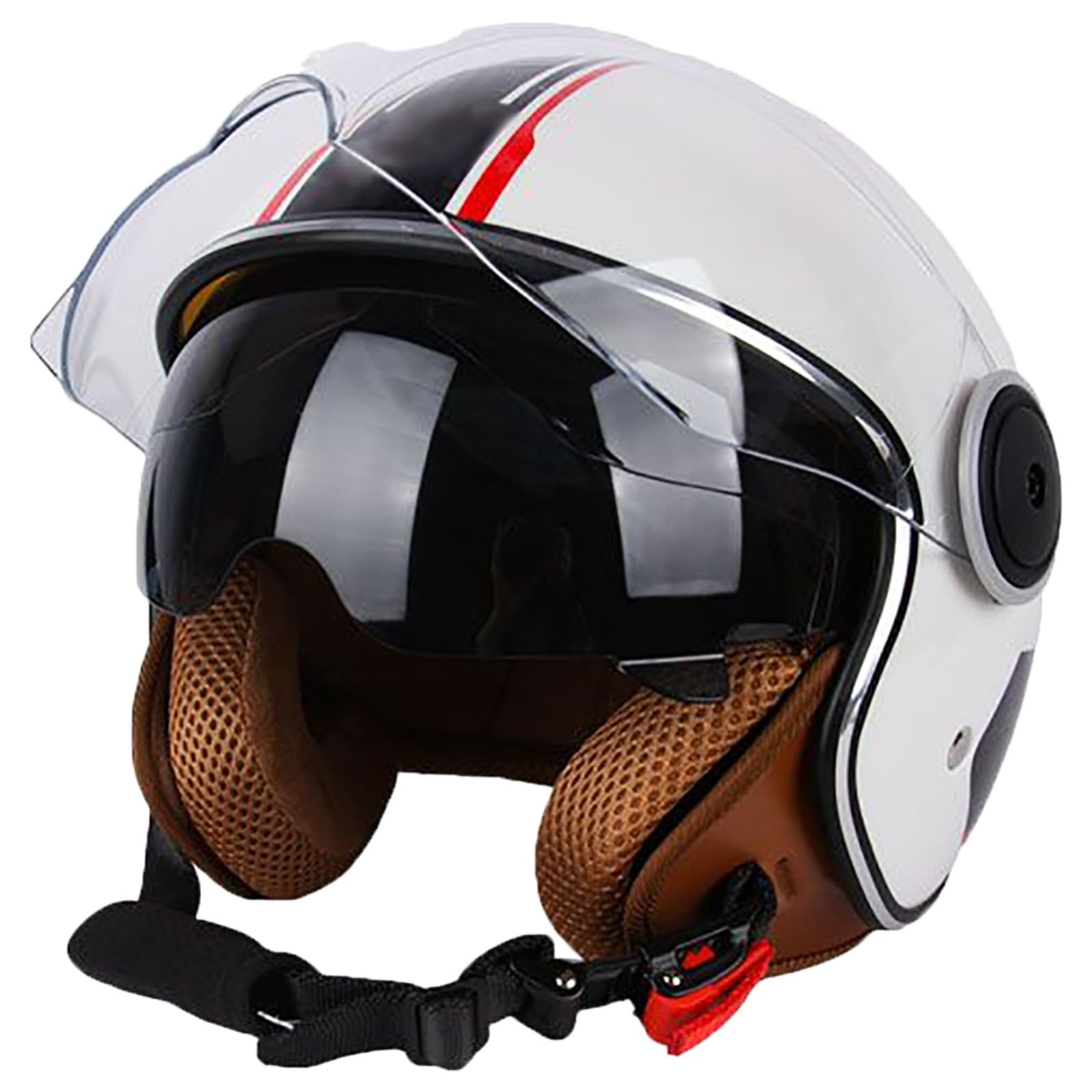 Stilvoller Halbhelm Für Männer Und Frauen, DOT-Geprüfter Vintage-Leder-Motorradhelm Mit Offenem Gesicht Und Doppelvisier, Four Seasons Street Jet Moped Motorradhelme C,55-62cm von GJCKOPIUFA