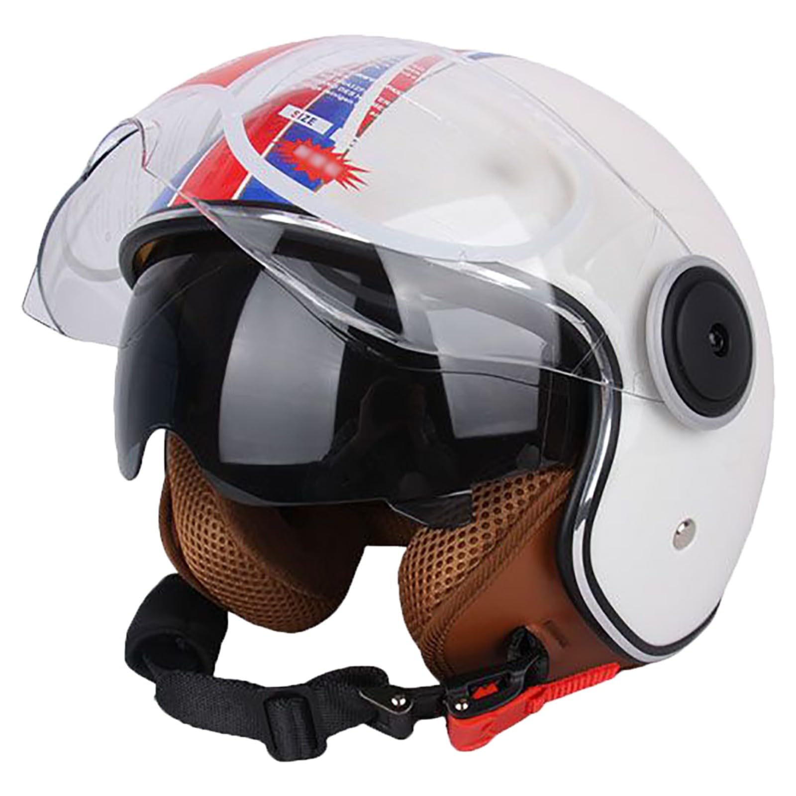 Stilvoller Halbhelm Für Männer Und Frauen, DOT-Geprüfter Vintage-Leder-Motorradhelm Mit Offenem Gesicht Und Doppelvisier, Four Seasons Street Jet Moped Motorradhelme D,55-62cm von GJCKOPIUFA