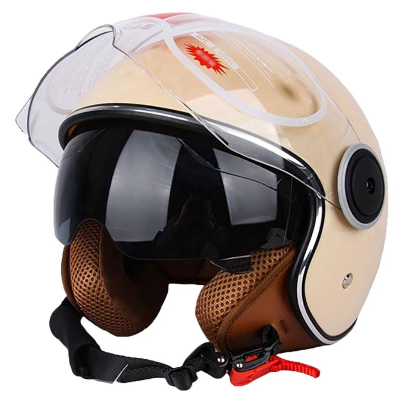 Stilvoller Halbhelm Für Männer Und Frauen, DOT-Geprüfter Vintage-Leder-Motorradhelm Mit Offenem Gesicht Und Doppelvisier, Four Seasons Street Jet Moped Motorradhelme E,55-62cm von GJCKOPIUFA