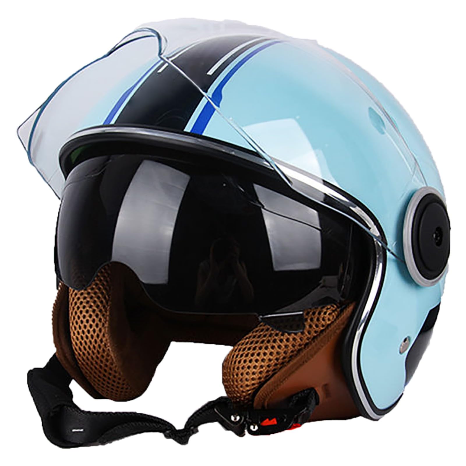 Stilvoller Halbhelm Für Männer Und Frauen, DOT-Geprüfter Vintage-Leder-Motorradhelm Mit Offenem Gesicht Und Doppelvisier, Four Seasons Street Jet Moped Motorradhelme F,55-62cm von GJCKOPIUFA