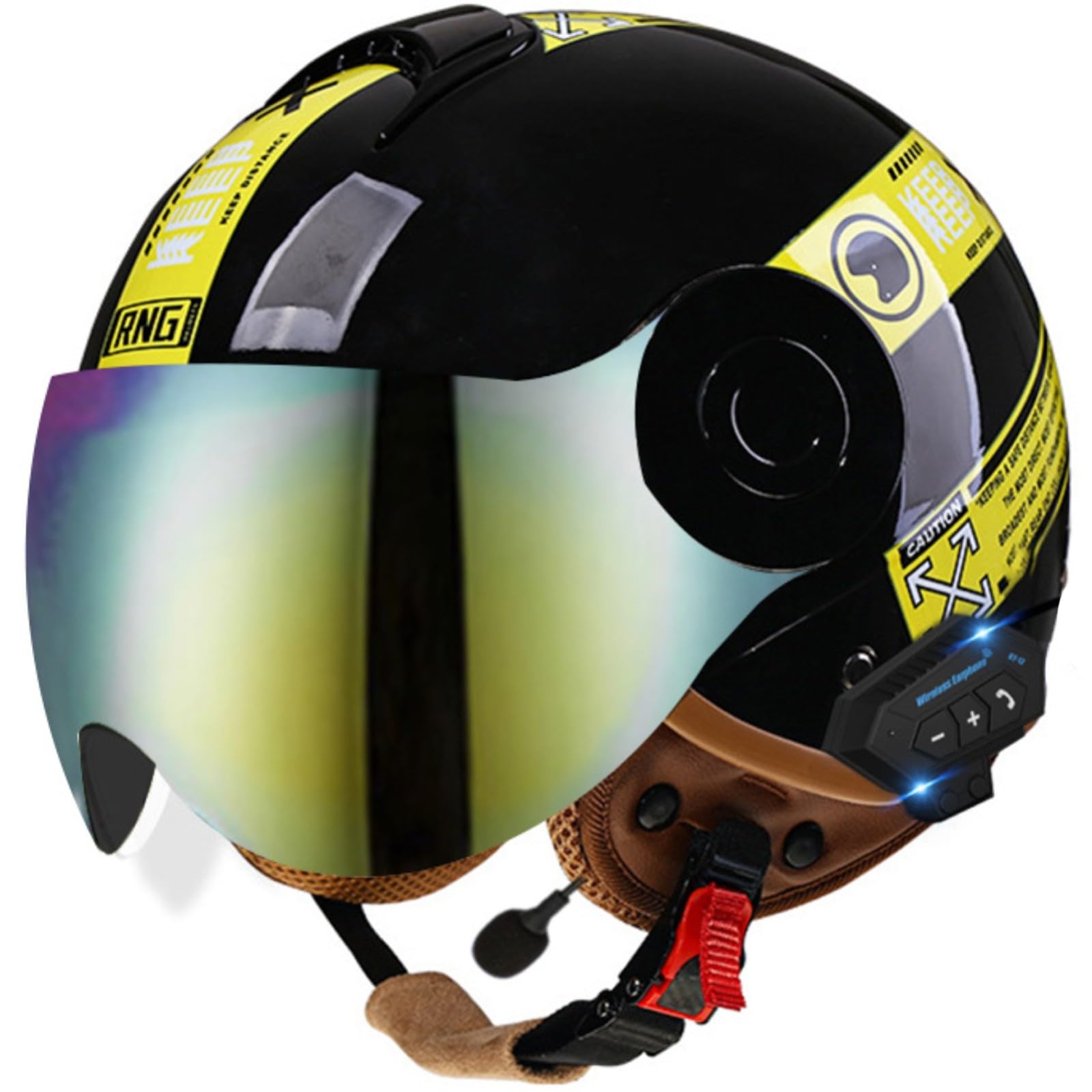 Vintage-Halbschalen-Motorradhelm Mit Offenem Gesicht Und Bluetooth, Retro-Jet-Halbschalen-Motorradhelm Mit Sonnenblende, DOT/ECE-Zulassung Für Erwachsene, Männer Und Frauen 8,56-62CM von GJCKOPIUFA