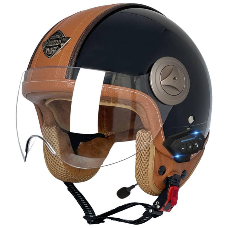 Vintage-Motorradhelm Mit Offenem Gesicht Und Sonnenblende, Bluetooth-Motorrad-Halbhelme, 3/4-Halbhelme, Für Männer, Frauen Und Erwachsene, DOT/ECE-Zulassung 2,XL=61-62CM von GJCKOPIUFA