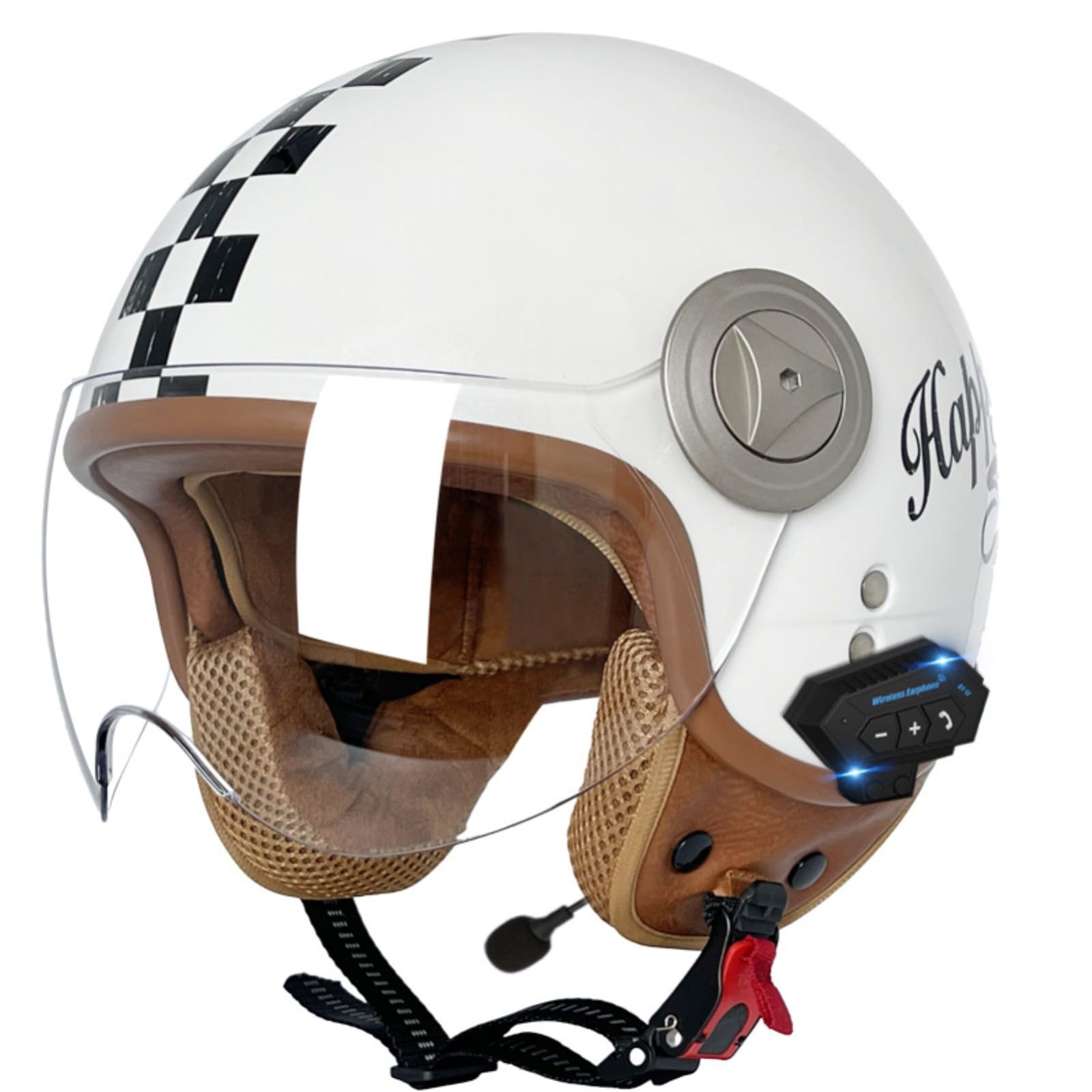 Vintage-Motorradhelm Mit Offenem Gesicht Und Sonnenblende, Bluetooth-Motorrad-Halbhelme, 3/4-Halbhelme, Für Männer, Frauen Und Erwachsene, DOT/ECE-Zulassung 7,M=57-58CM von GJCKOPIUFA