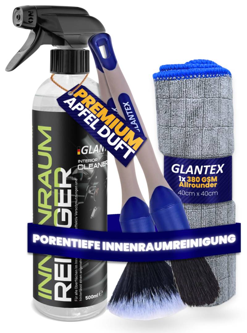 GLANTEX Auto Innenraum Reiniger Set – 500ml – Cockpitpflege für Innen Reinigung von Polster, Kunststoff, Leder & Armaturen – Autopflege Innenraumreiniger mit Mikrofasertuch & Pinsel – Cockpit Reiniger von GLANTEX