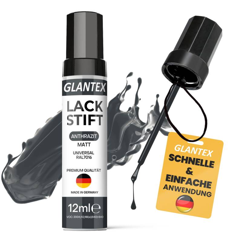 GLANTEX Lackstift Grau Matt [12ml] - Lack mit hoher Deckkraft gegen Kratzer und Steinschläge, für Auto, Felgen - RAL 7016 anthrazit (Anthrazit Grau Matt) von GLANTEX