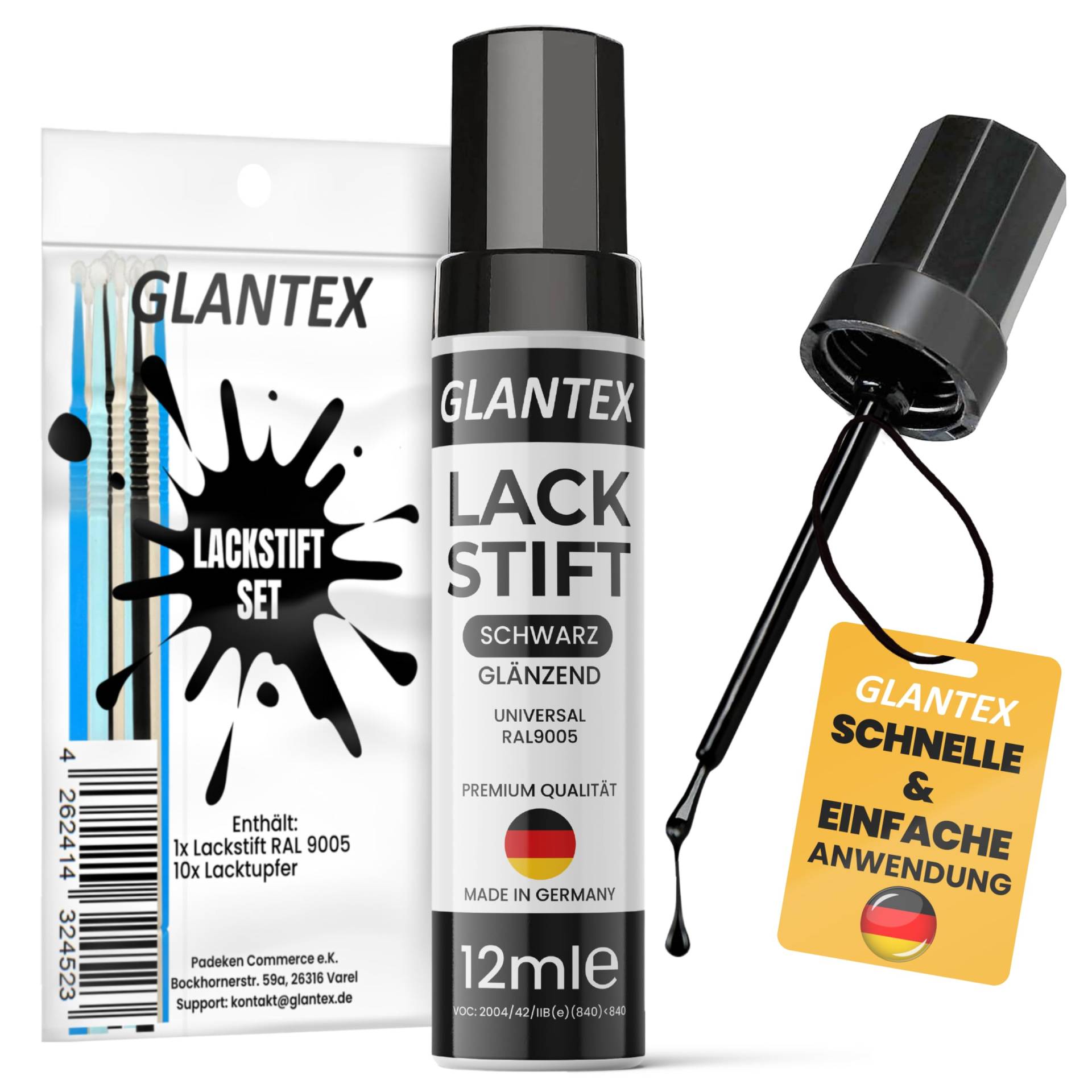 GLANTEX Lackstift Schwarz glänzend [12ml] - Autolack mit hoher Deckkraft gegen Kratzer und Steinschläge, für Auto, Felgen Reparaturset - Lack Schwarz glänzend von GLANTEX