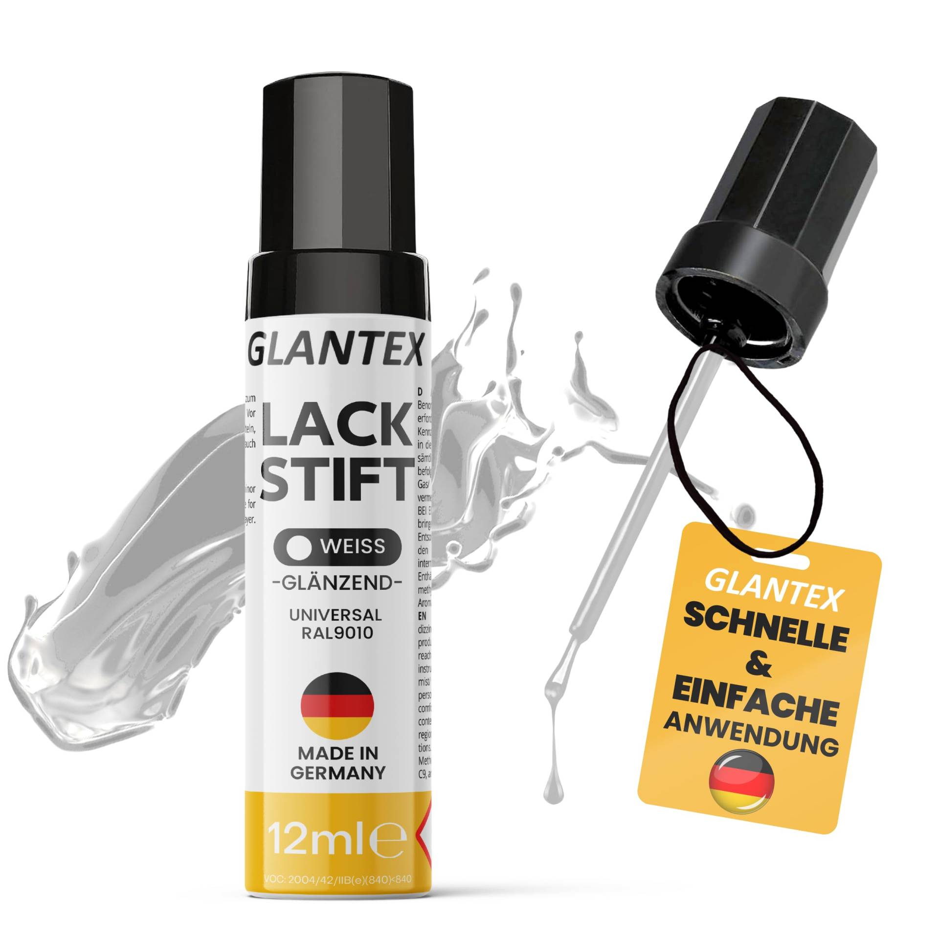 GLANTEX Lackstift Weiß glänzend [12ml] - Autolack mit hoher Deckkraft gegen Kratzer und Steinschläge, für Auto, Felgen, Heizkörper, Möbel - RAL 9010 von GLANTEX