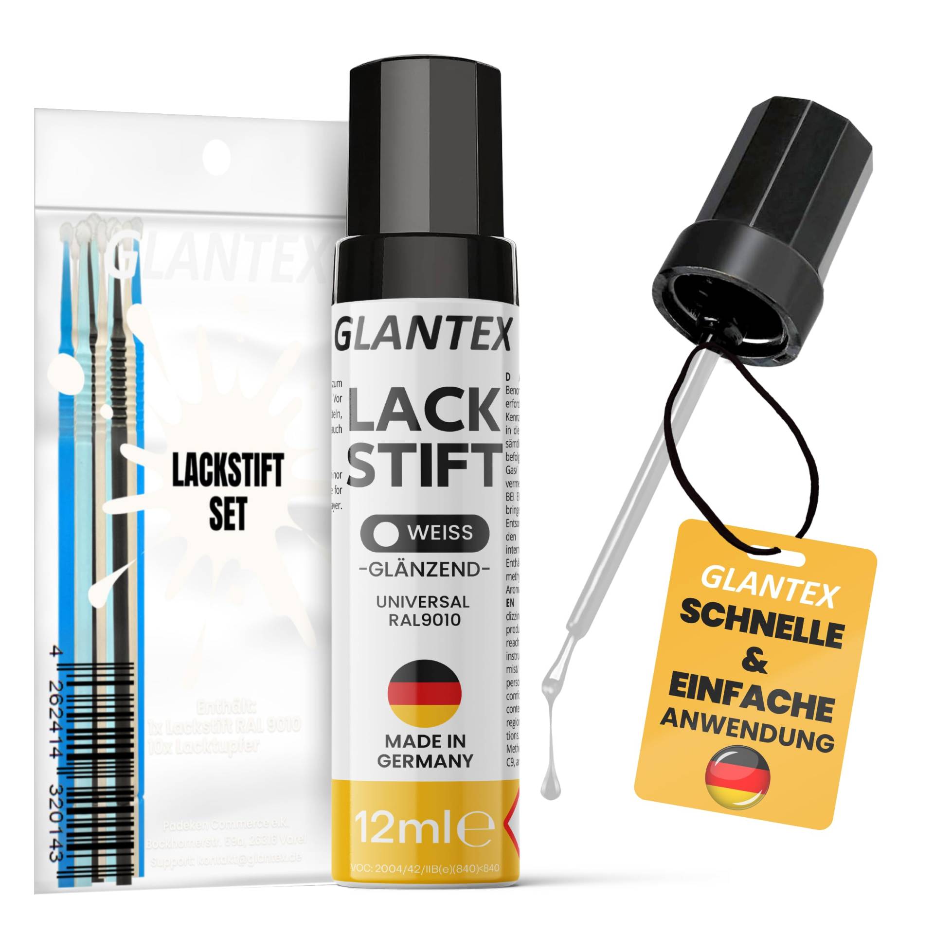 GLANTEX Lackstift Weiß glänzend [12ml] - Autolack mit hoher Deckkraft & 10 Lacktupfer für präzise Ausbesserungen gegen Kratzer und Steinschläge, für Auto, Felgen - RAL 9010 von GLANTEX