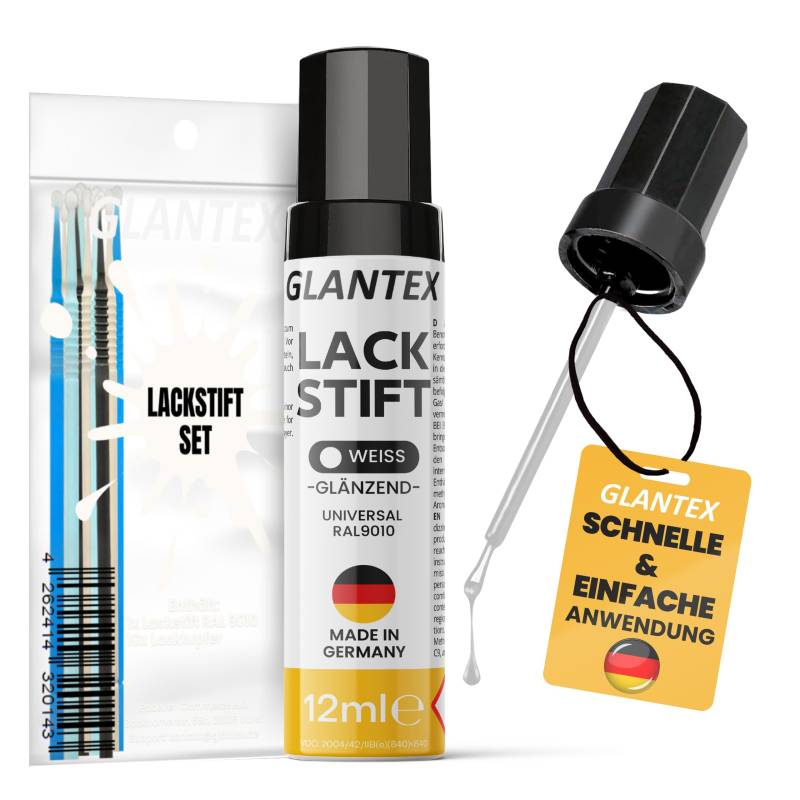 GLANTEX Lackstift Weiß glänzend [12ml] - Autolack mit hoher Deckkraft & 10 Lacktupfer für präzise Ausbesserungen gegen Kratzer und Steinschläge, für Auto, Felgen - RAL 9010 von GLANTEX