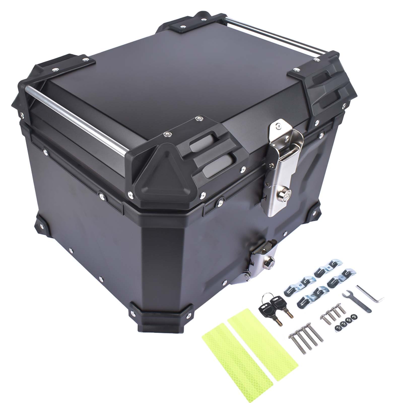 GLOSSY AUTO PARTS Schwarzer 45L Universal-Motorrad-Topcase, wasserdichte Aluminium-Motorrad-Kofferraum-Topbox, Dual-Key Storage Carrier Case, Kofferraum Tour Tail Box für Store Helm von GLOSSY AUTO PARTS