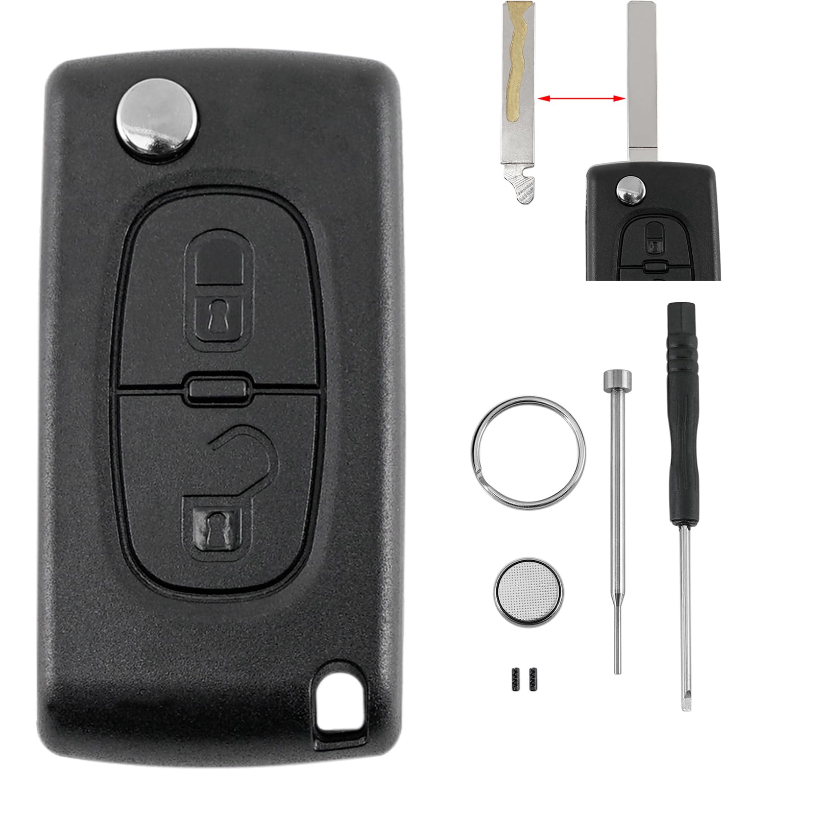 2 Tasten Auto Schlüssel Gehäuse für Citroen C3 Picasso C-Crosser C2 C3 C4 Aircross Dispatch C8 Peugeot 308 207 307 807 Batterie CR1620 Pin-Entfernungswerkzeug von GLOUVDEYZ