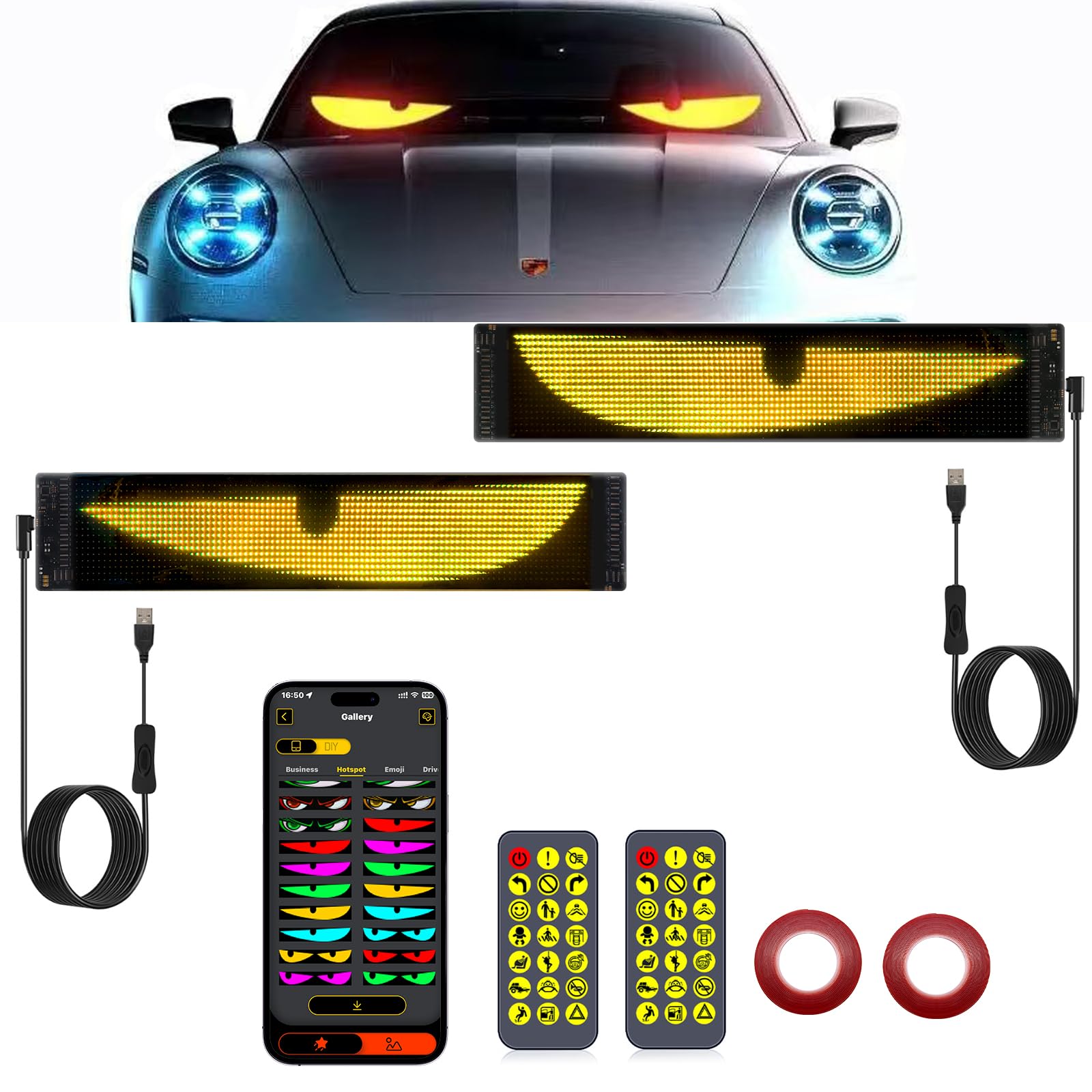 2er LED Augen für LKW und Auto, Devil Eyes Light for Cars, LED Laufschrift Programmierbar für PKW, Dynamische Flexibles Pixel Display, Anzeigetafel Elektronisch Text mit Fernbedienung (59.5x12cm) von GMDUHK