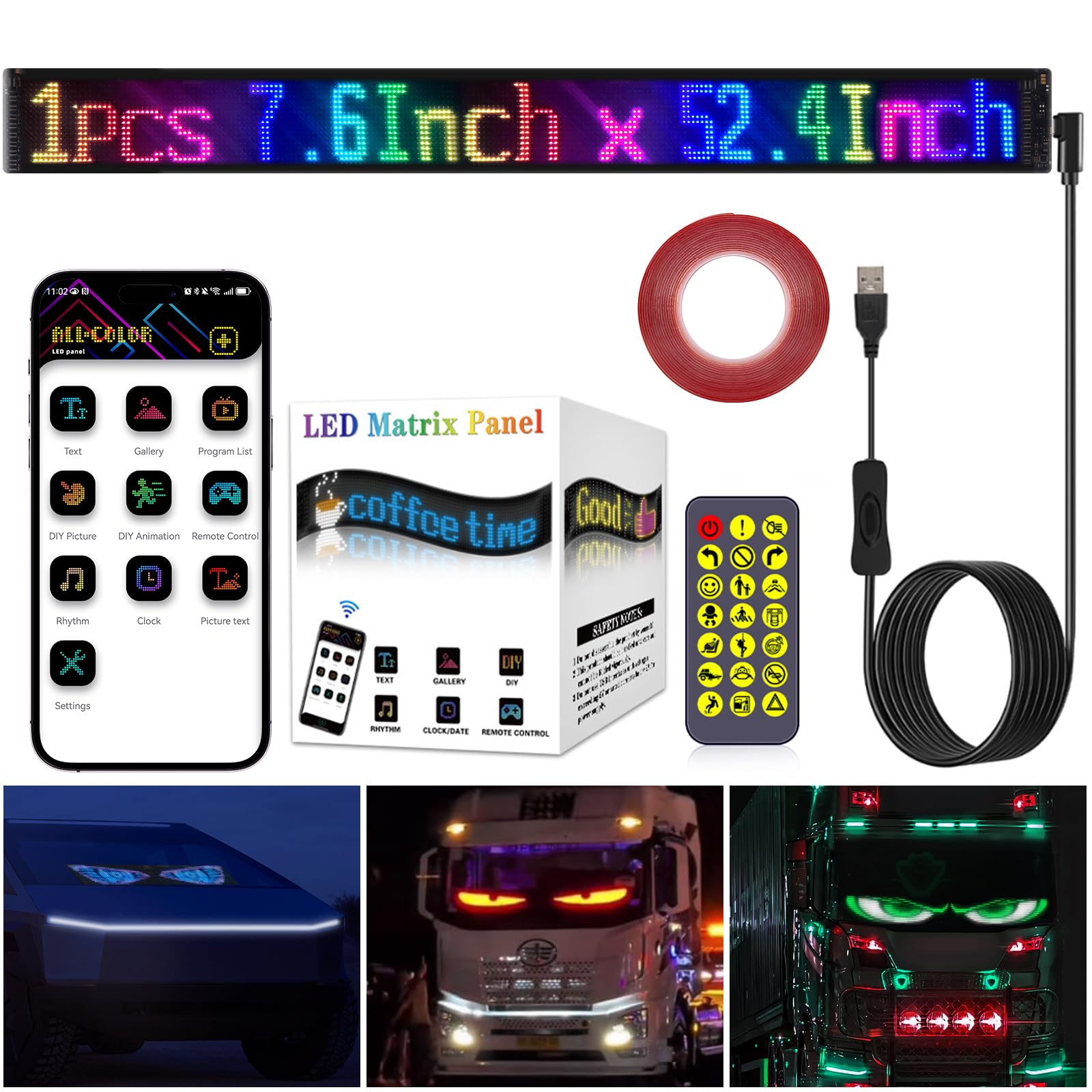 LED Augen für LKW und Auto, Devil Eyes Light for Cars, LED Laufschrift Programmierbar für PKW, Dynamische Flexibles Pixel Display, Anzeigetafel Elektronisch Text mit Fernbedienung (133x19.2cm) von GMDUHK