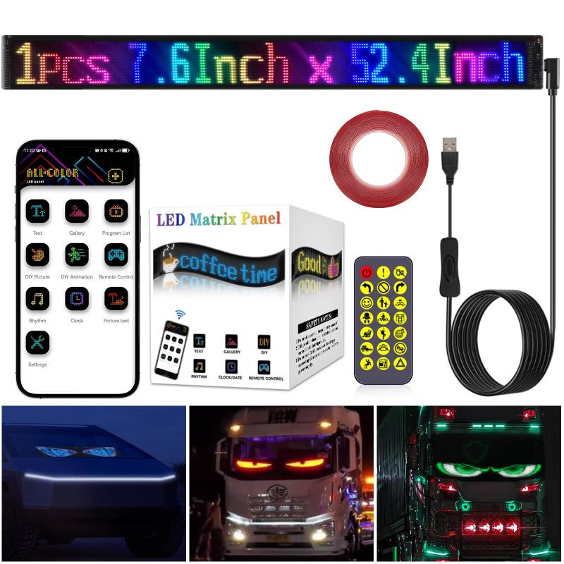 LED Augen für LKW und Auto, Devil Eyes Light for Cars, DIY Flexibles Display für PKW, Dynamische Laufschrift Programmierbar, Anzeigetafel mit APP-Steuerung und Fernbedienung (133x19.2cm) von GMDUHK