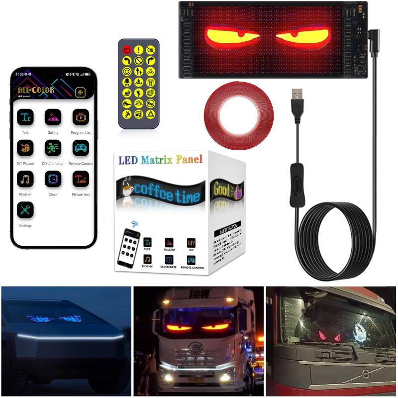 LED Augen für LKW und Auto, Devil Eyes Light for Cars, DIY Flexibles Display für PKW, Dynamische Laufschrift Programmierbar, Anzeigetafel mit APP-Steuerung und Fernbedienung (17.3x7cm) von GMDUHK