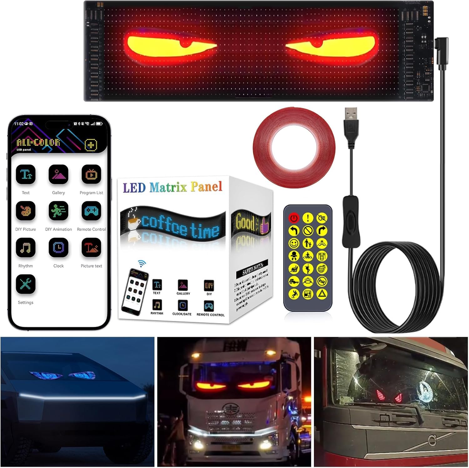 LED Augen für LKW und Auto, Devil Eyes Light for Cars, LED Laufschrift Programmierbar für PKW, Dynamische Flexibles Pixel Display, Anzeigetafel Elektronisch Text mit Fernbedienung (34.8x10.2cm) von GMDUHK