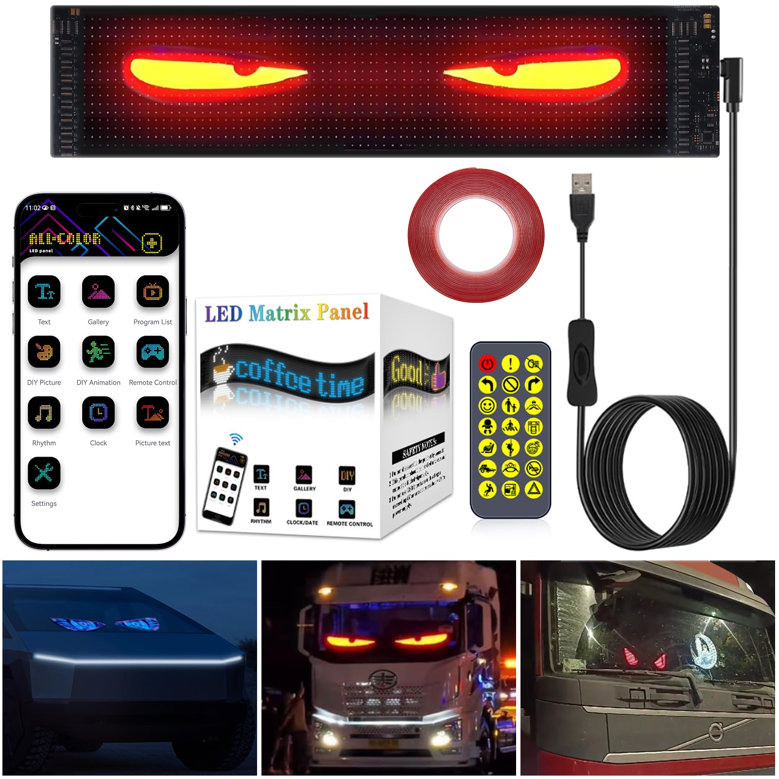 LED Augen für LKW und Auto, Devil Eyes Light for Cars, DIY Flexibles Display für PKW, Dynamische Laufschrift Programmierbar, Anzeigetafel mit APP-Steuerung und Fernbedienung (37.4x9.2cm) von GMDUHK