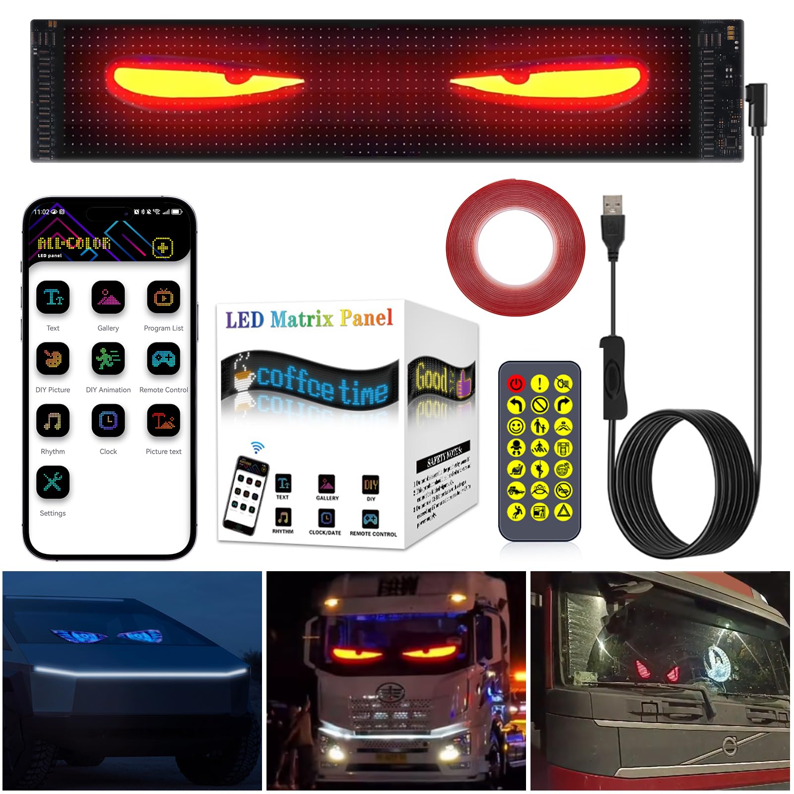 LED Augen für LKW und Auto, Devil Eyes Light for Cars, LED Laufschrift Programmierbar für PKW, Dynamische Flexibles Pixel Display, Anzeigetafel Elektronisch Text mit Fernbedienung (59.5x12cm) von GMDUHK