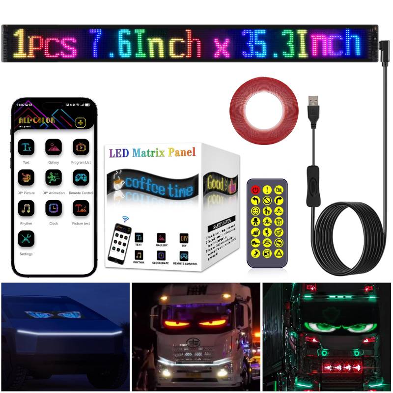 LED Augen für LKW und Auto, Devil Eyes Light for Cars, DIY Flexibles Display für PKW, Dynamische Laufschrift Programmierbar, Anzeigetafel mit APP-Steuerung und Fernbedienung (89.8x19.2cm) von GMDUHK