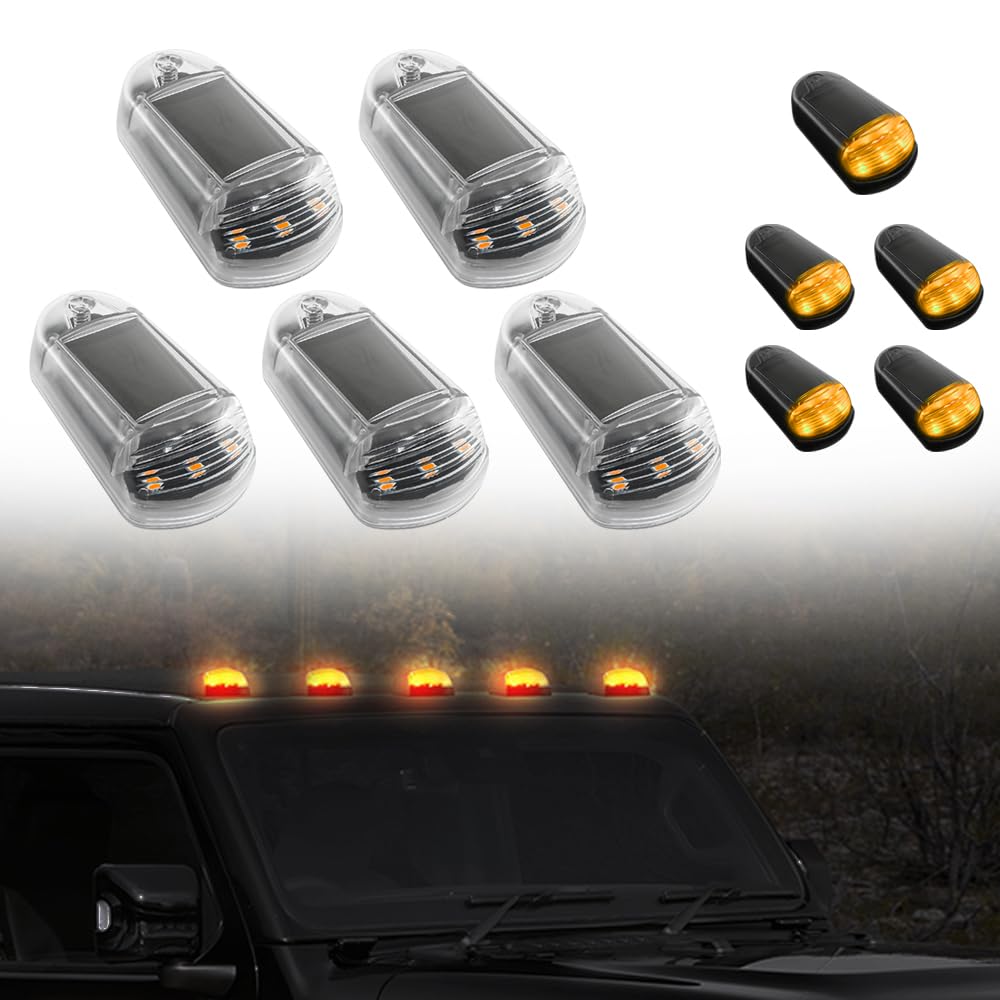 Solar Powered Cab Lights, 2024 Neuest 5 Stück Solarenergie Dach Begrenzungsleuchten mit Kleberücken, Solarbetriebene Kabinenleuchten, ABS Materials für Pickup LKW (Gelbes Licht, transparent) von GMTEO